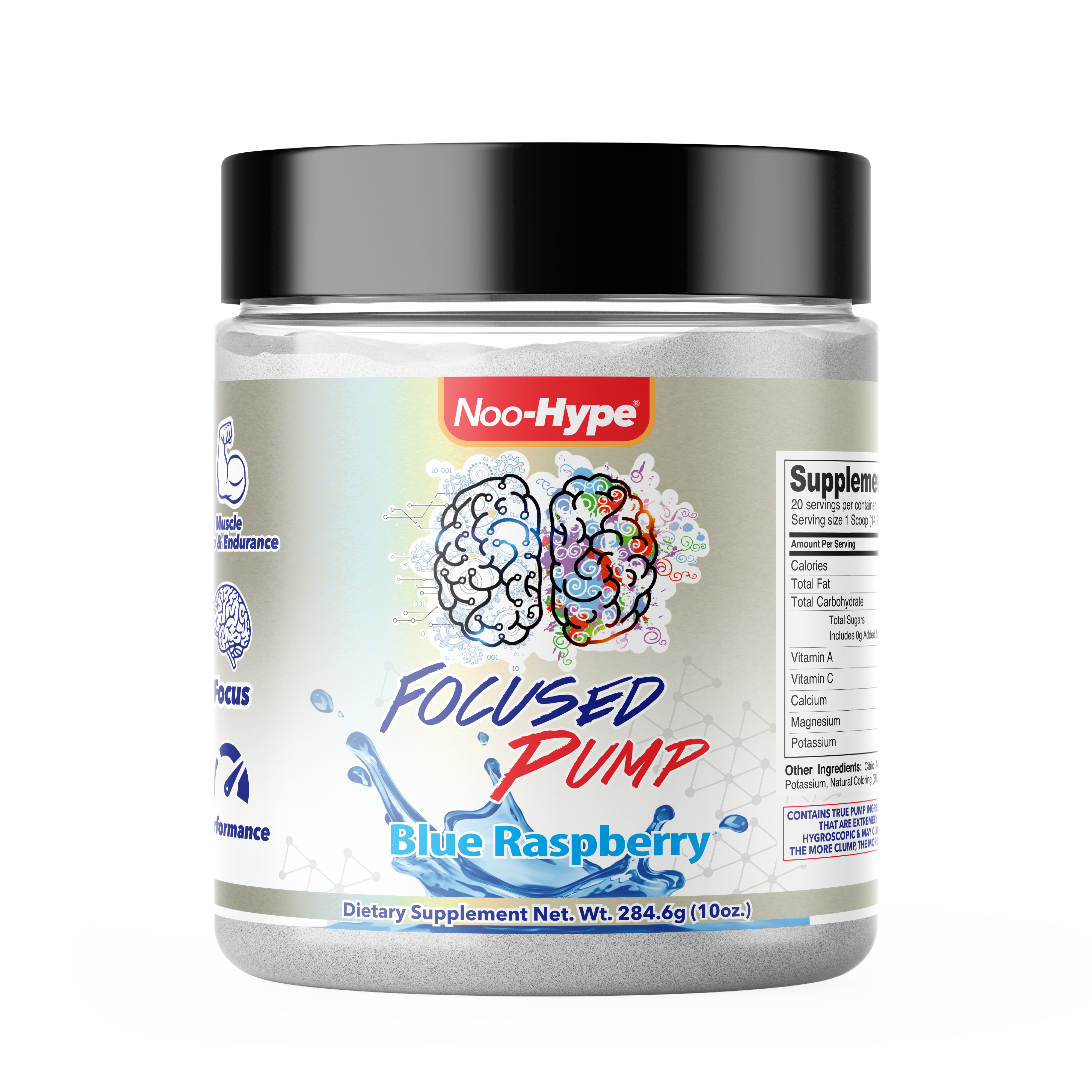Noo-HYPE Focused Pump, 20 serving Blue Raspberry flavor, Non Stimulant nootropic pre workout powder