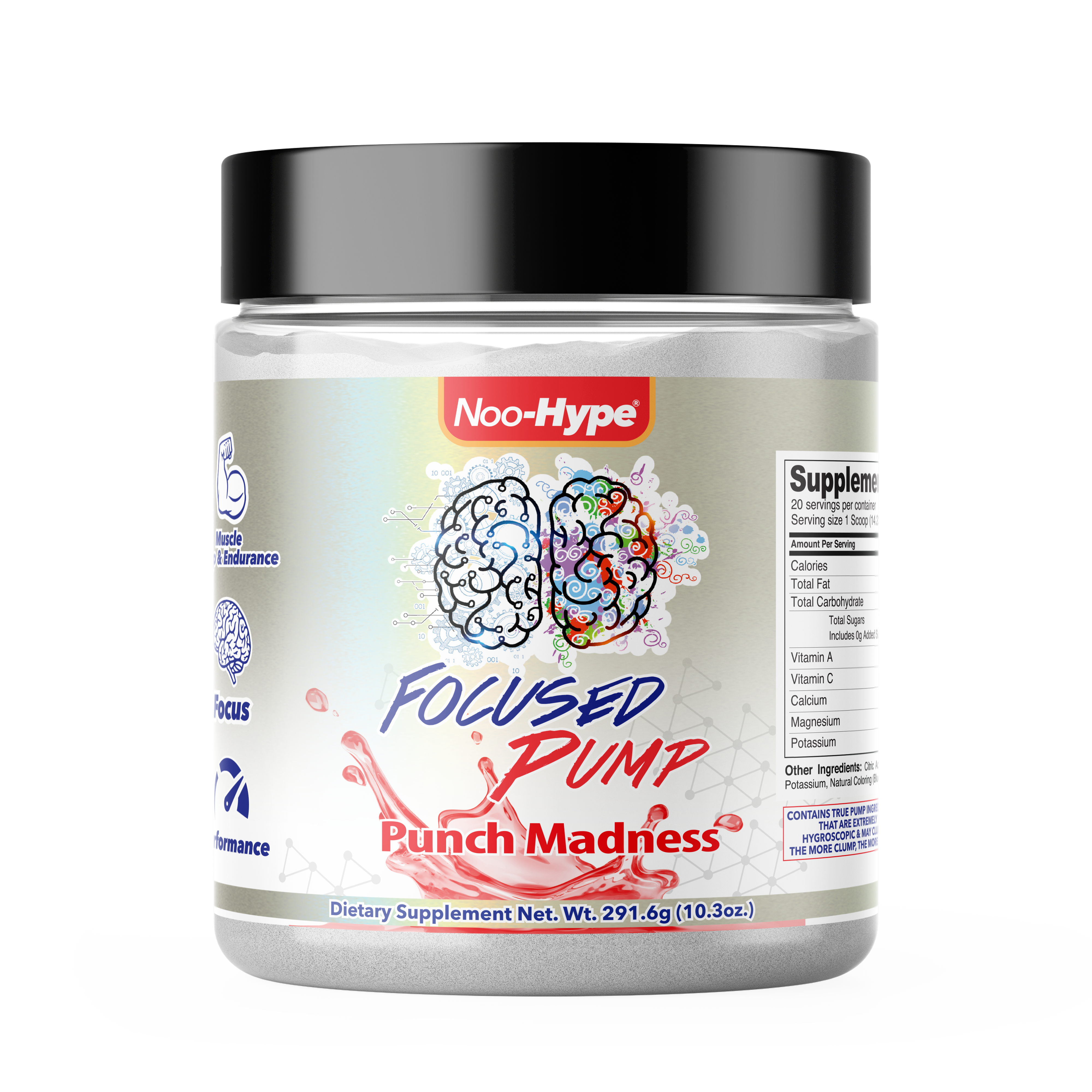 Noo-HYPE Focused Pump, 20 serving Punch Madness flavor, Non Stimulant nootropic pre workout powder