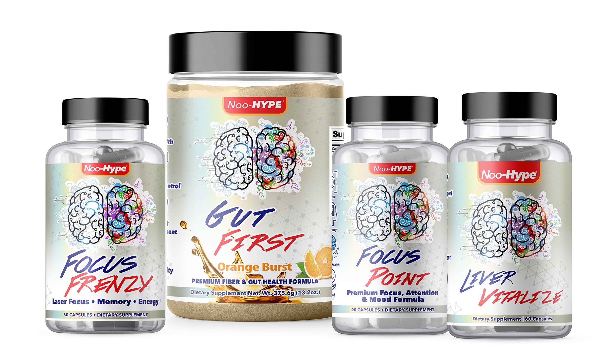 Noo-HYPE Product Stack, 60 capsule Focus Frenzy, 30 Serving Gut First, 90 capsule Focus Point, 60 capsule Liver Vitalize